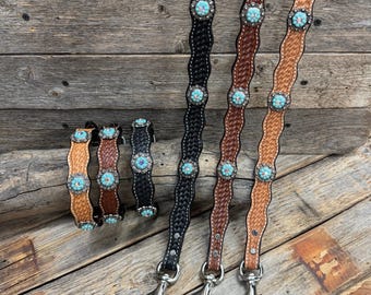 Genuine Leather Dog Collar or Leash With Antique Silver Turquoise and AB Conchos 10" to 22" orDC5