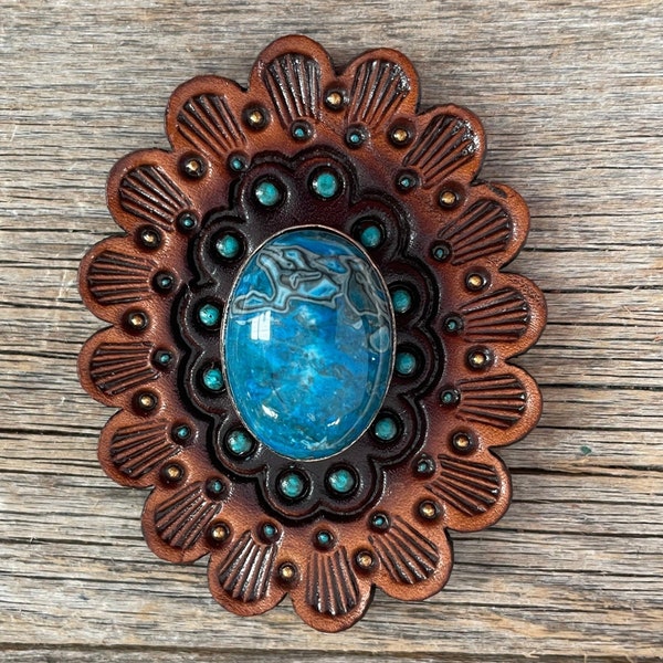 Leather Rosette Medium Oil Edges with Blue Cabochon Western Concho R107CABBL