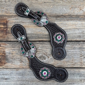 Dark Oil Basketweave Spur Straps - Antique Silver Crystal Conchos #SS142