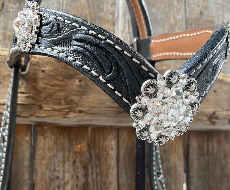Black Browband Headstall / Bridle & Crystal Conchos BB205 | Etsy
