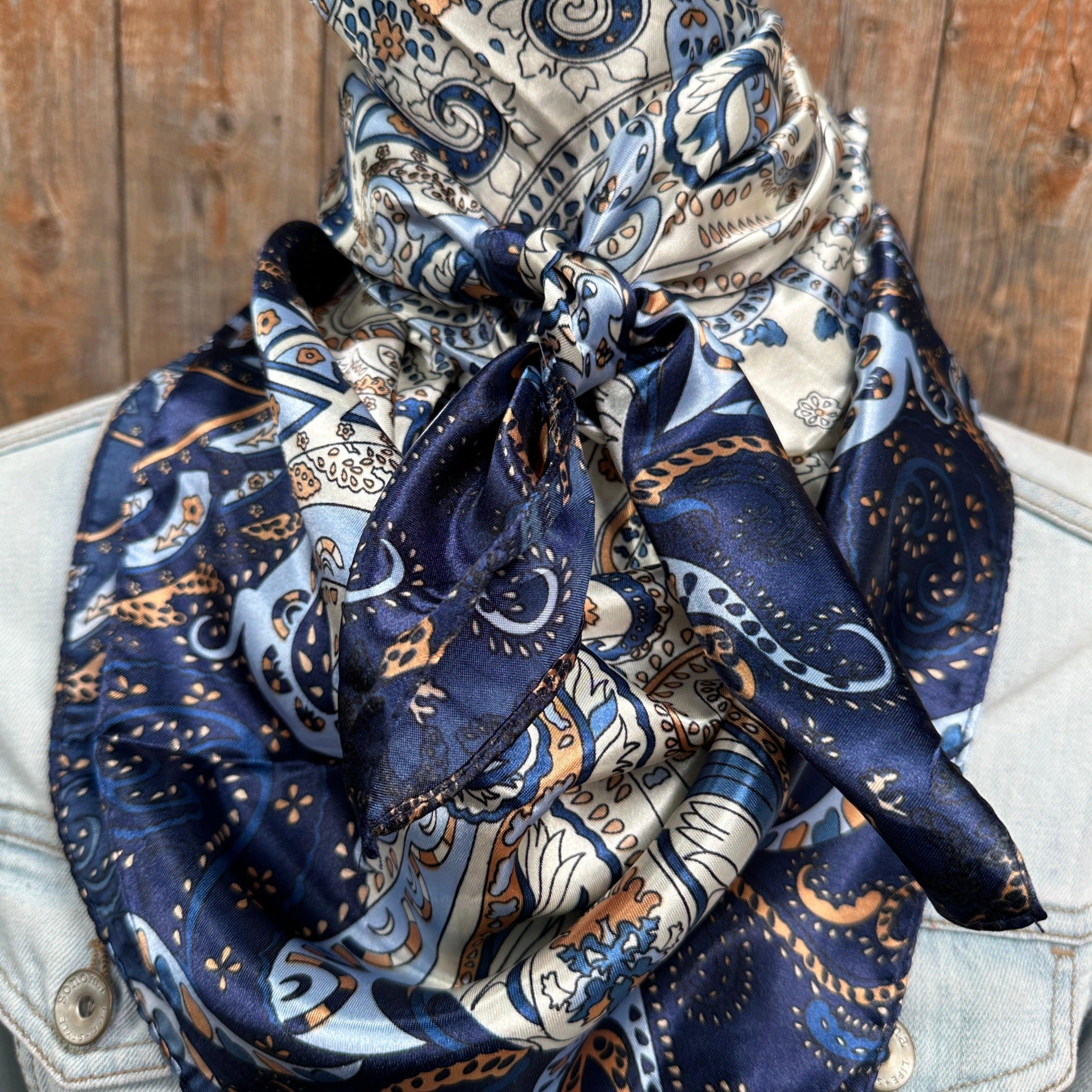 Elegant Blue Paisley Hair Scarf with Gold and Pearl Accents Shimmery luxury scarf, 100% woven silk, gold and blue  main image 2