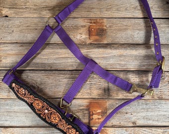 Purple Nylon Halter with Floral Leather Noseband #NH118