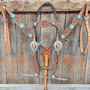 Floral Teal Dot Turquoise - Clear Browband/One Ear Headstall - Breastcollar Tack Set #BBBC669