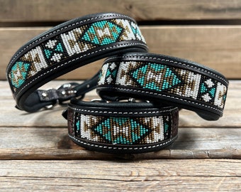 Tooled Turquoise and Gold Genuine Leather Beaded Dog Collar #DC449