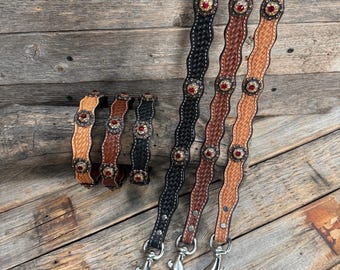 Genuine Leather Dog Collar or Leash With Copper Ruby and Champagne Conchos 10" to 22" orDC38