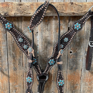 Dark Oil Turquoise Floral One Ear / Browband & Breastcollar Tack Set #OEBC433
