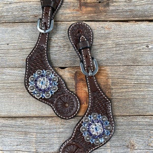 Dark Oil Basketweave Spur Straps - Antique Silver Crystal Conchos #SS103