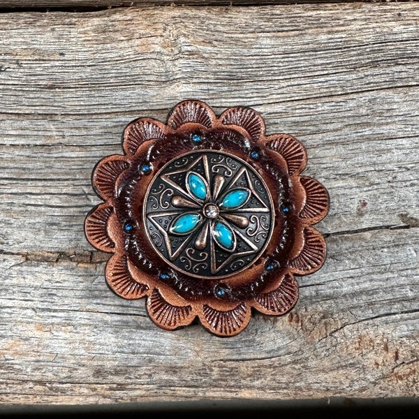 Leather Rosette with Copper Turquoise Western Concho R111W138S