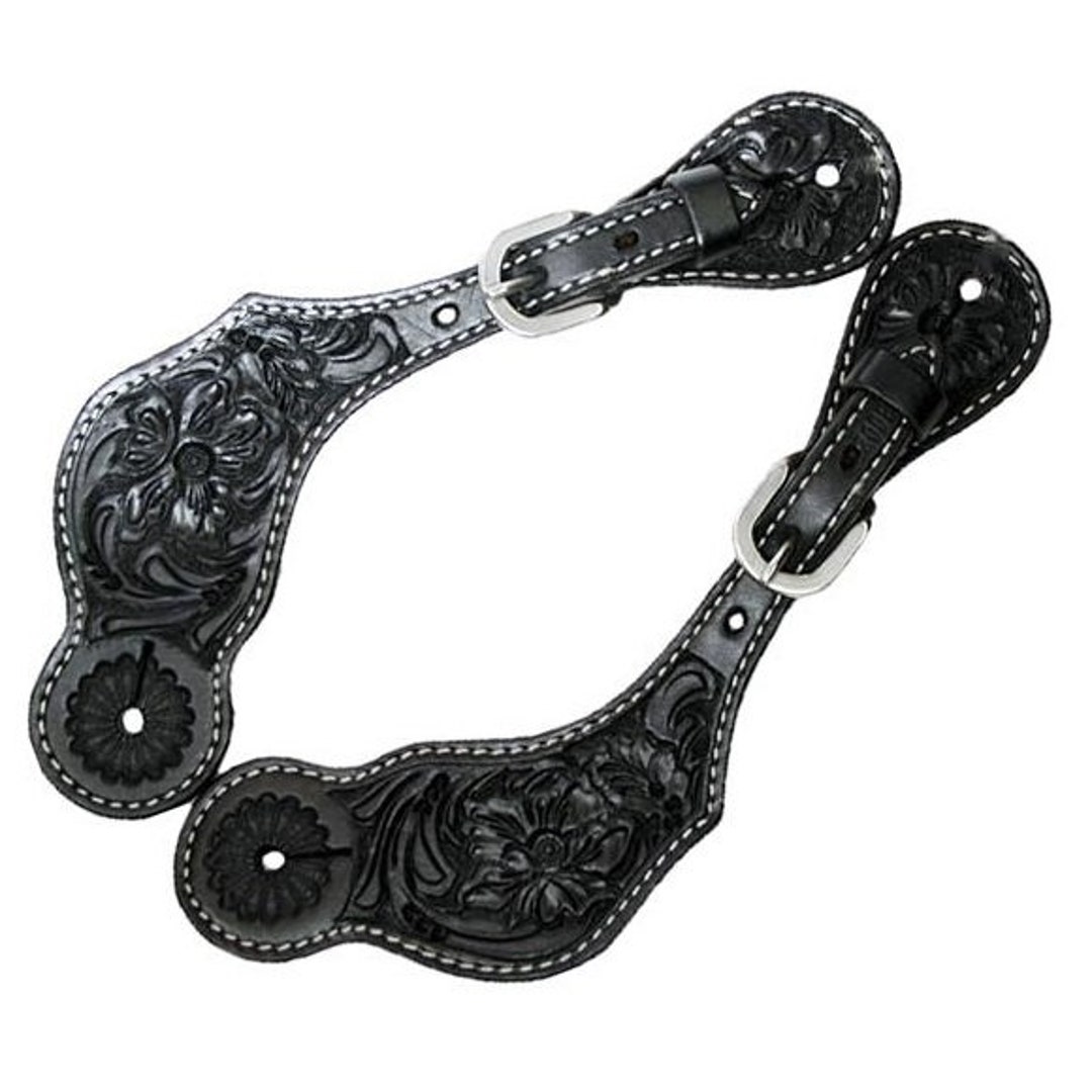 202608 - Ladies Flower & Feather Tooled Spur Straps main image 1