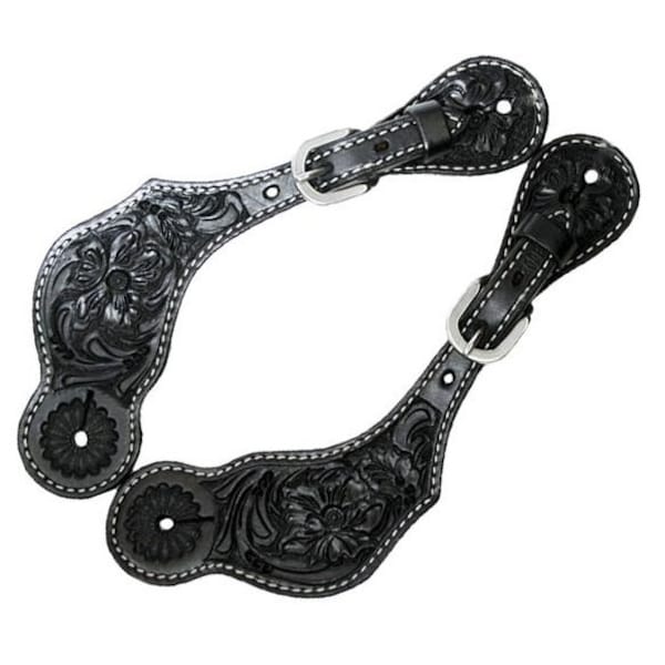 Black Floral Tooled Spur Straps