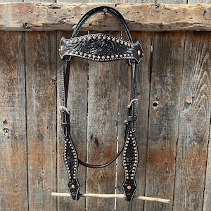 Dark Oil Floral Tooled with Copper Dots Browband Headstall / Bridle