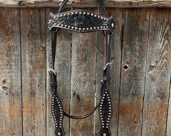 Dark Oil Floral Tooled with Copper Dots Browband Headstall / Bridle