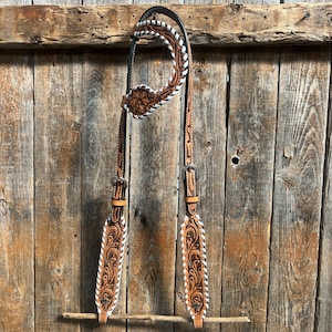 Light Oil Floral Tooled with White Whipstitch One Ear Headstall / Bridle