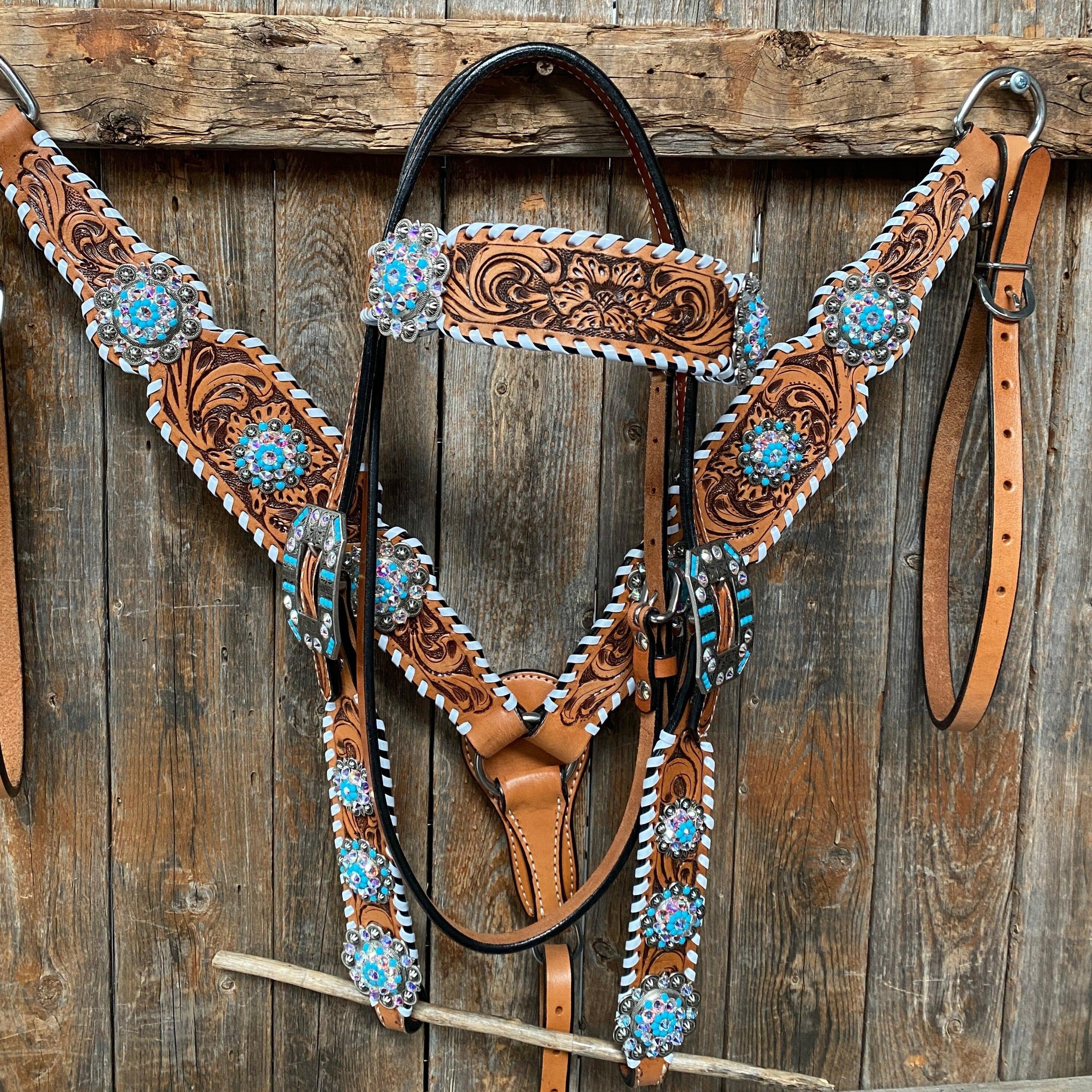 Whipstitch Turquoise & AB Browband/one Ear Tack Set With