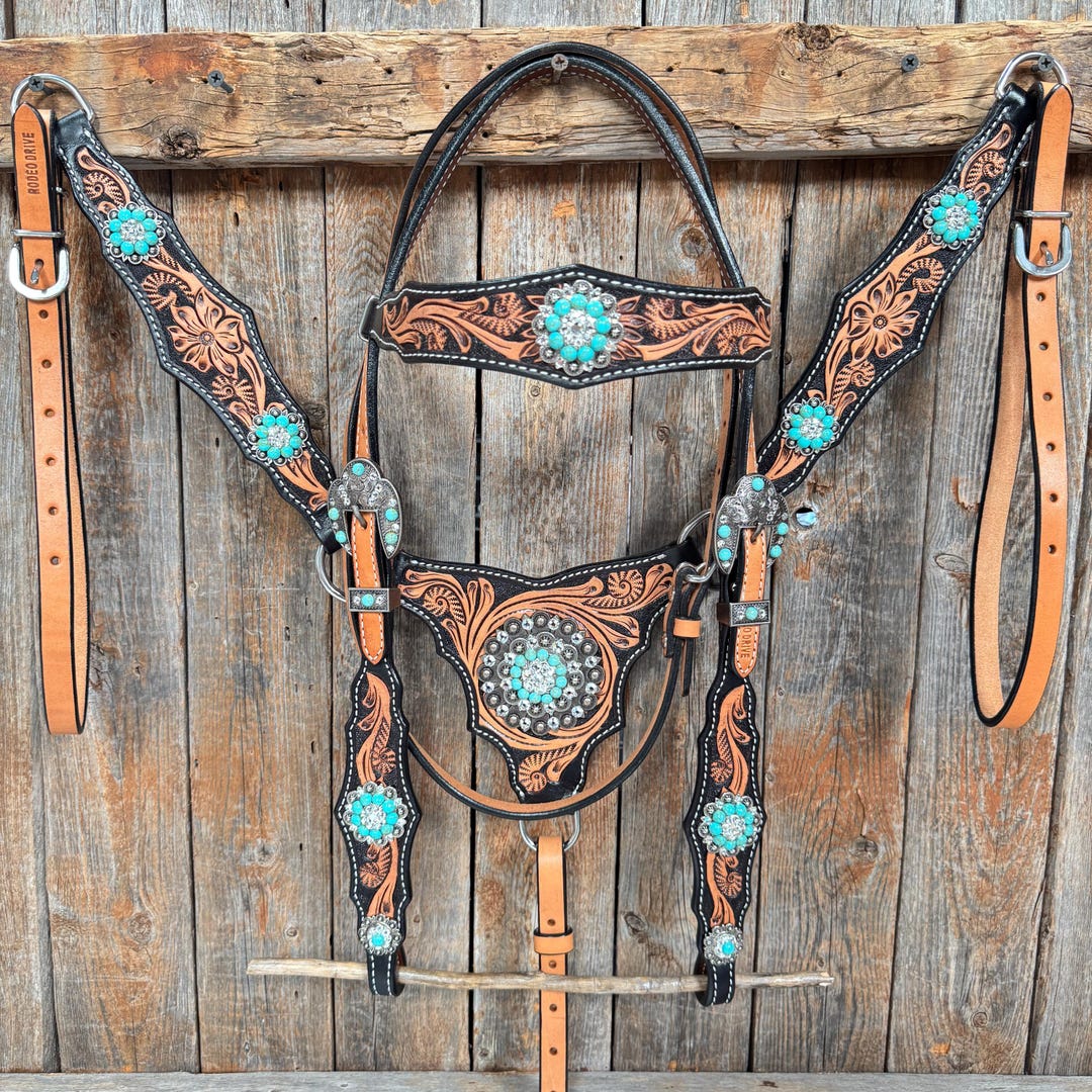 Two Tone Floral Triangle Turquoise and Clear Browband/one Ear