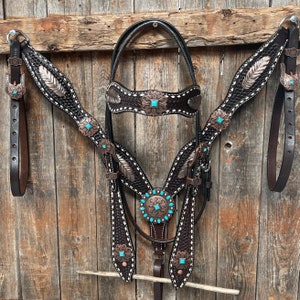 Dark Oil Buckstitch Copper and Turquoise Browband / One Ear / Breastcollar Buckstitch Tack Set #BBBC400