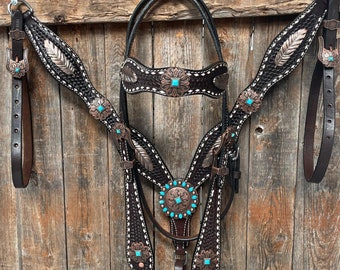 Dark Oil Buckstitch Copper and Turquoise Browband / One Ear / Breastcollar Buckstitch Tack Set #BBBC400