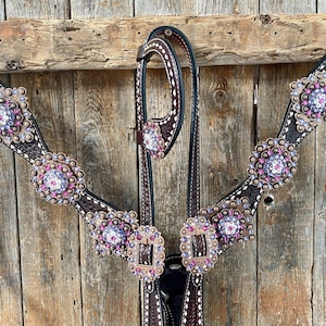 Dark Oil Buckstitch One Ear Headstall & Breastcollar - Pink #OEBC415