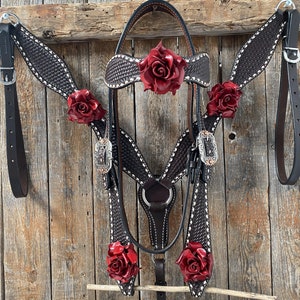 Dark Oil Buckstitch -Red Rose Browband Headstall & Breastcollar Tack Set #BBBC402
