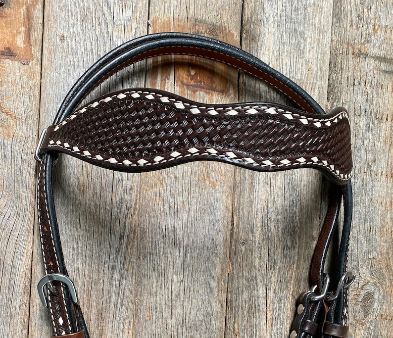 Dark Oil Basketweave Buckstitch Tooled Browband Headstall perfect for