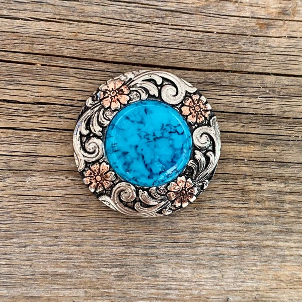 Antique Silver Turquoise Copper Floral Western Concho 1.25" W222L