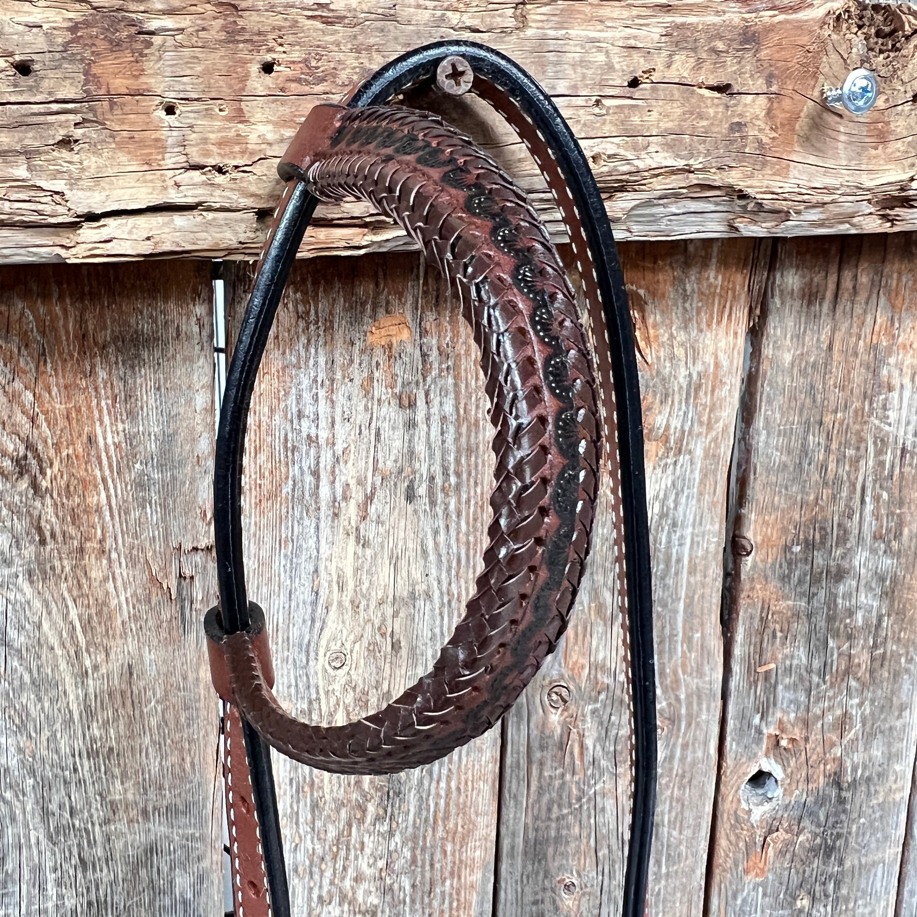 Western Foncé Huile Un Oreille Rawhide Tressé Têtière Avec