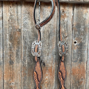 Brown Leaf Scalloped Champagne an Topaz One Ear Headstall #OE105
