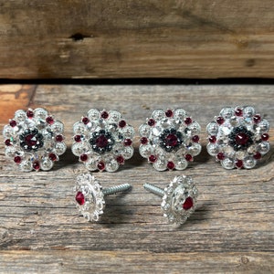 May include: Five silver-toned, round, decorative conchos with red and clear rhinestones. Two additional conchos with red rhinestones and screw backs.