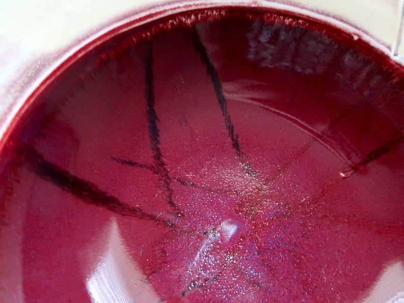 Signed Studio Pottery Large Art Bowl Boho Bohemian Ceramics Platter Maroon Plum Burgundy Red Salad Serving Bowl Boho Table Decor