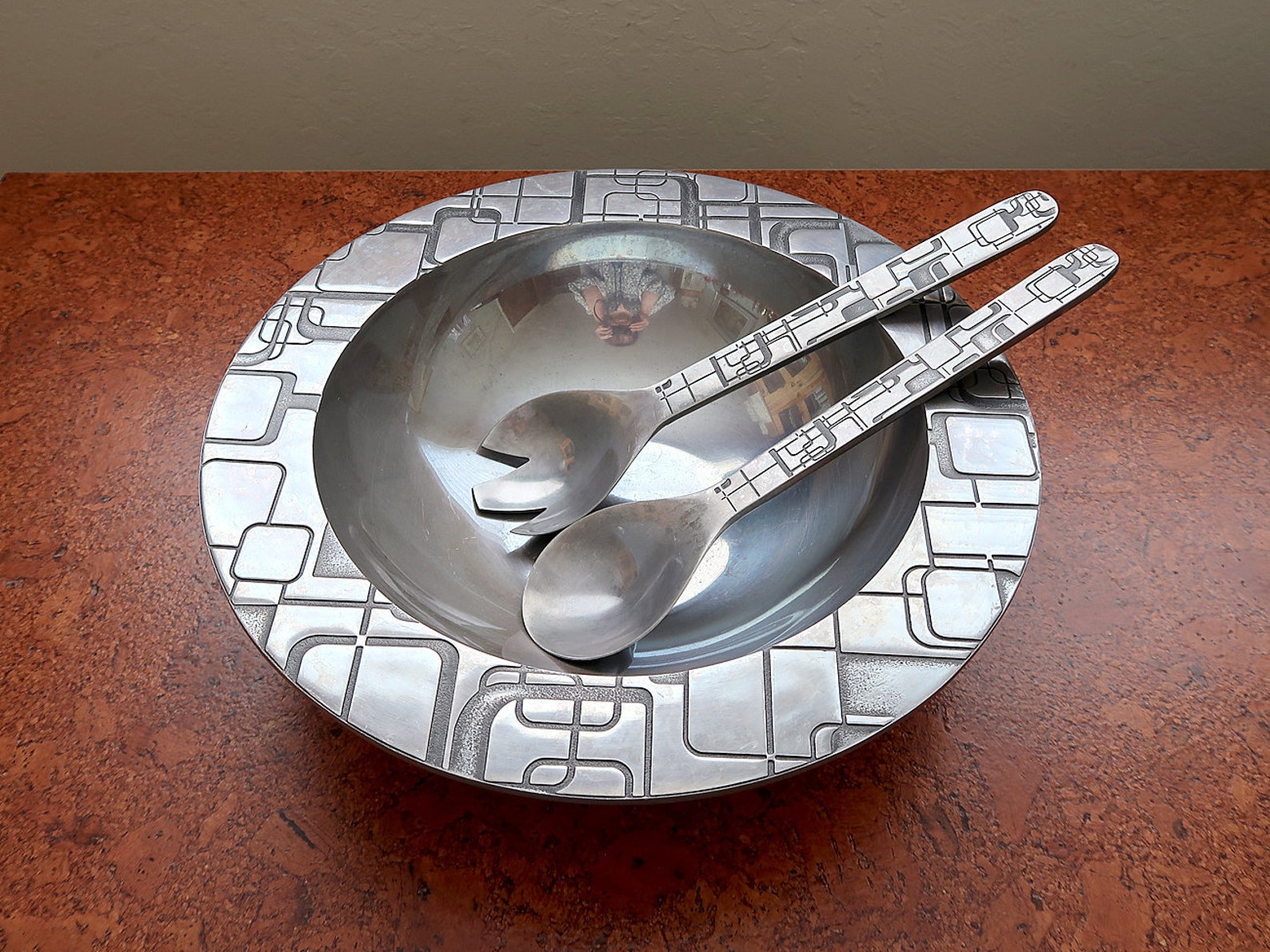 Vintage Pewter Salad Bowl with Serving Fork Spoon Utensils Etsy