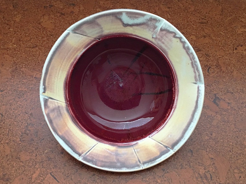 Signed Studio Pottery Large Art Bowl Boho Bohemian Ceramics Platter Maroon Plum Burgundy Red Salad Serving Bowl Boho Table Decor
