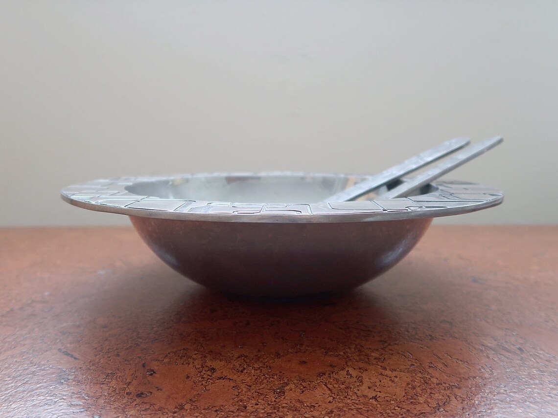 Vintage Pewter Salad Bowl with Serving Fork Spoon Utensils Etsy