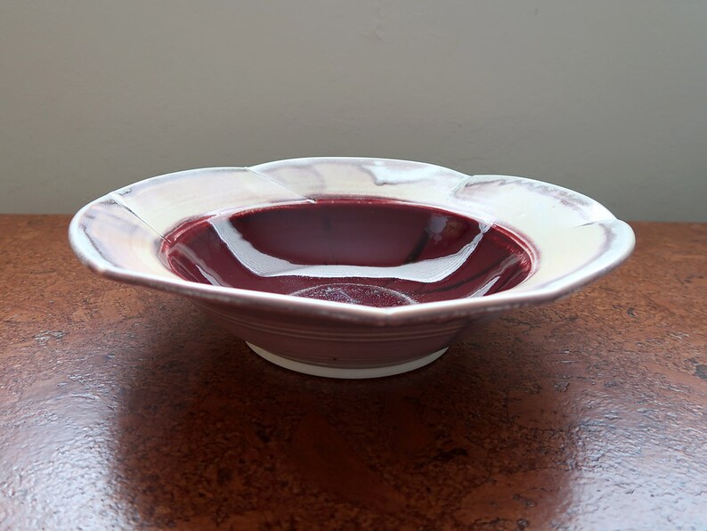 Signed Studio Pottery Large Art Bowl Boho Bohemian Ceramics Platter Maroon Plum Burgundy Red Salad Serving Bowl Boho Table Decor
