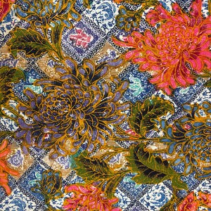 May include: A textile fabric featuring a dense batik pattern of large, detailed chrysanthemum flowers in shades of vibrant pink, deep purple, and golden yellow, set against a background of intricate blue and white geometric diamond shapes.