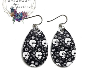 Skull Earrings, genuine leather earrings, Halloween earrings, spooky earrings
