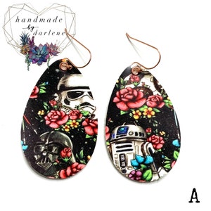 Floral & v a der earrings, Droid Earrings, pear cut, Faux Leather Earrings, light sword earrings, star earrings