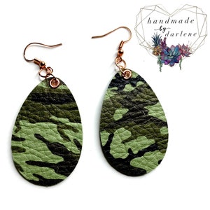 Camo Earrings, camouflage leather earrings, genuine leather earrings, rose gold