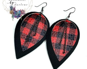 Buffalo Plaid earrings, Faux Leather, layered Earrings, fall earrings, Christmas earrings, leather earrings