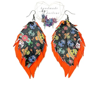 Sugar Skull Earrings, feathered genuine leather earrings, Halloween earrings, day of the dead earrings, cinco de Mayo