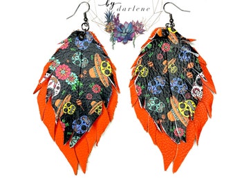 Sugar Skull Earrings, feathered genuine leather earrings, Halloween earrings, day of the dead earrings, cinco de Mayo