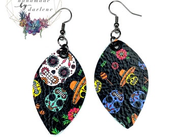 Sugar Skull Earrings, genuine leather earrings, Halloween earrings, day of the dead earrings, coco earrings, cinco de Mayo earrings