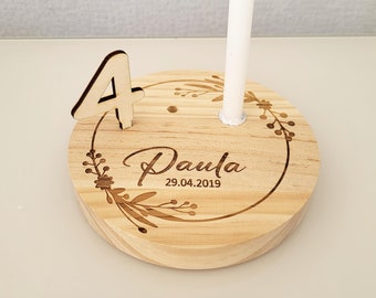Personalisierter Geburtstagsteller mit Name & Geburtsdatum / Design "Paula" aus Holz / Geburtstagskranz / Kindergeburtstag Tischdeko