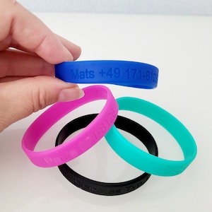 Notfall-Armband für Kinder / SOS / Silikonarmband für Kinder mit Name & Telefonnummer, L= 18 cm für Ausflüge mit Kindern/ Urlaub mit Kindern