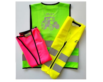 Kinderwarnweste mit Reißverschluß inkl. Wunschmotiv & Name in 3 Größen und 3 Farben, Sicherheit im Dunkeln, den Schulweg sicherer machen