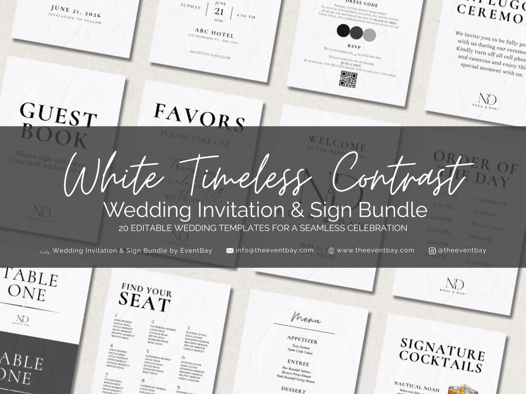 White Wedding Invitation & Sign Bundle: 20 Canva Templates (digital ...