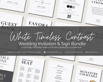 White Wedding Invitation & Sign Bundle: 20 Canva Templates (Digital Download)