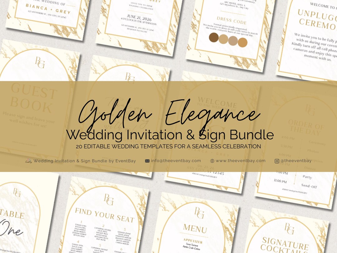 Invite Sign Golden Wedding Invitation & Sign Bundle: 20 Canva Templates (digital ...