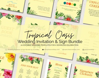 Tropical Wedding Invitation & Sign Bundle: 20 Canva Templates  (Digital Download)