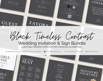 Black Wedding Invitation & Sign Bundle: 20 Canva Templates (Digital Download)