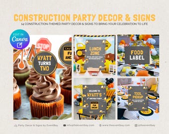 Construction Birthday Party Decor Bundle: Printable Invitation, Banner & Signs (Digital Download)
